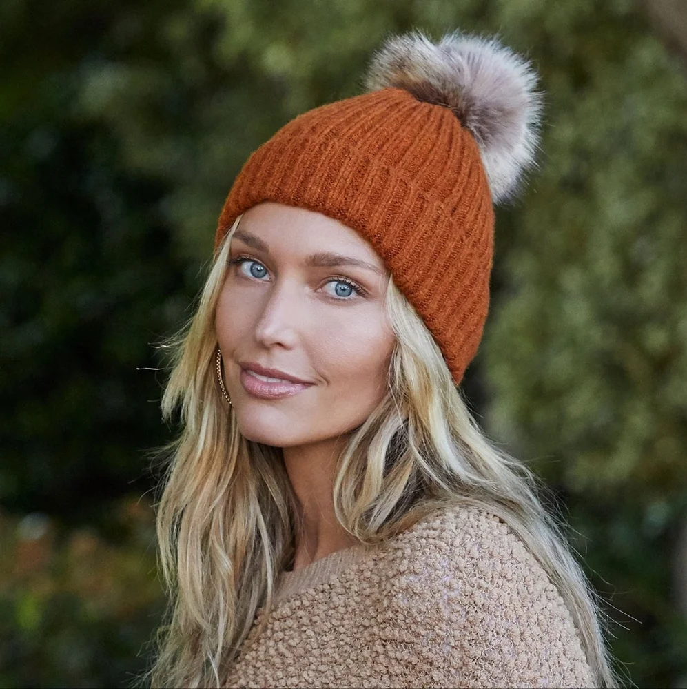 NWT Virginia Wolf Fallon Pom Pom Knit Hat, Tumeric